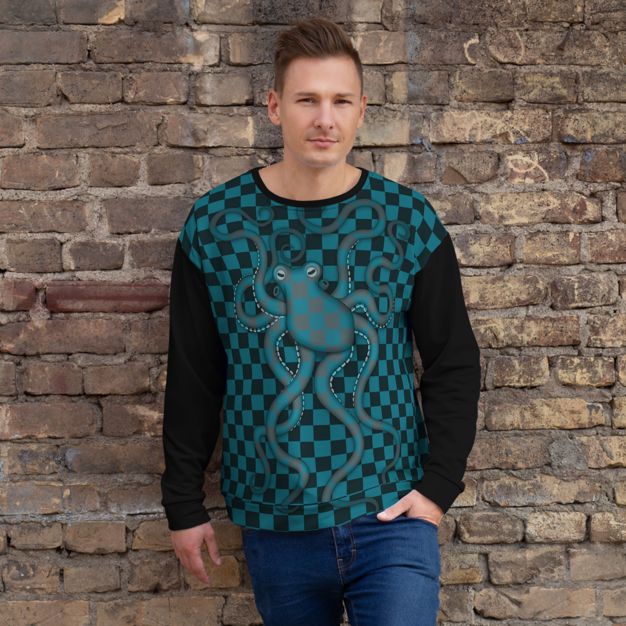 CAVIS Checkered Camouflage Octopus Unisex Sweatshirt, Retro 80's Sea Life Long Sleeve Top - Image 22