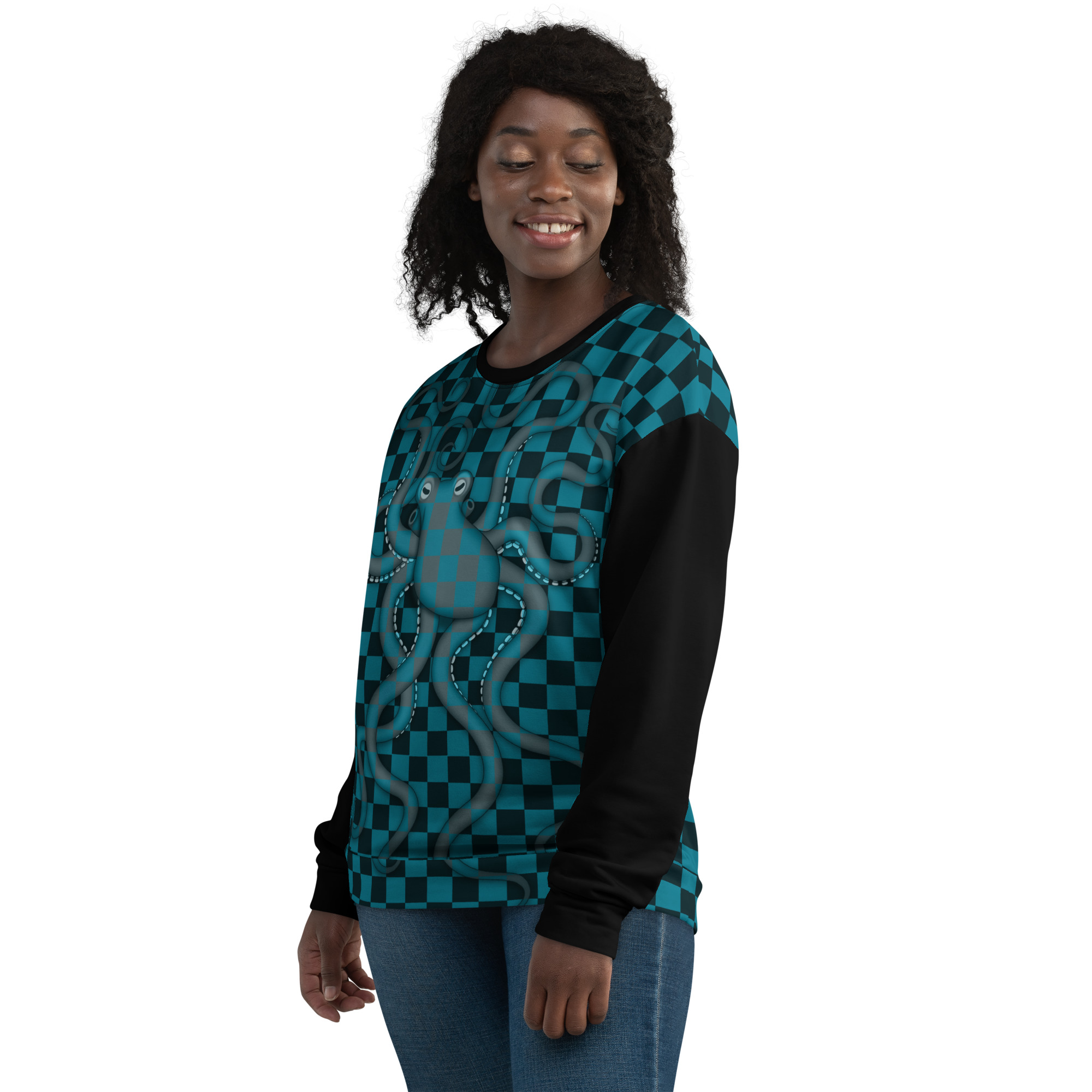 CAVIS Checkered Camouflage Octopus Unisex Sweatshirt, Retro 80's Sea Life Long Sleeve Top - Image 5
