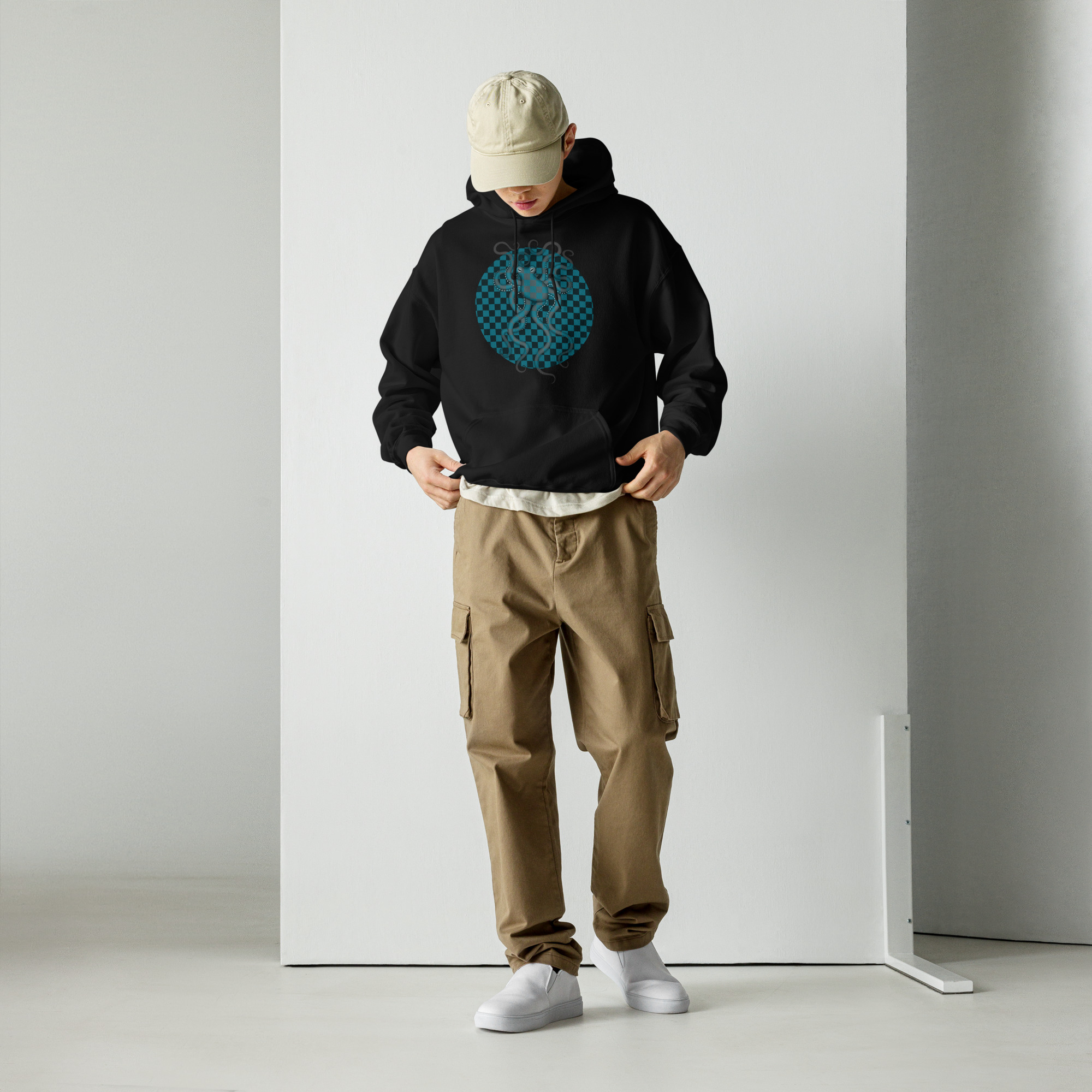CAVIS Checkered Octopus Camouflage Unisex Hoodie, Underwater Retro 80's Nautical Hooded Sweatshirt - Image 2